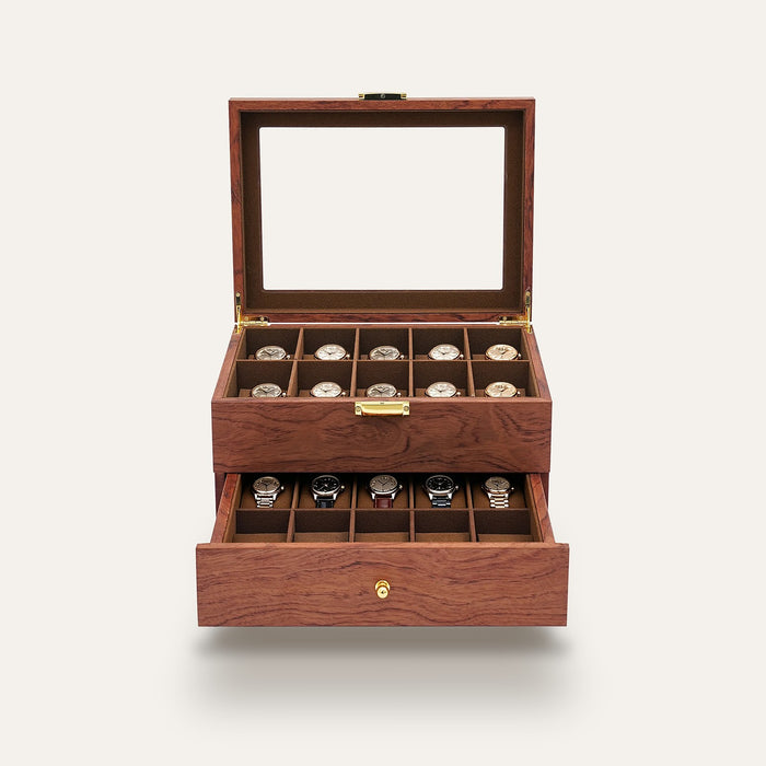 Boîte à montres 20 emplacements en bois de padouk : ouverte, avec montres, tiroir sorti