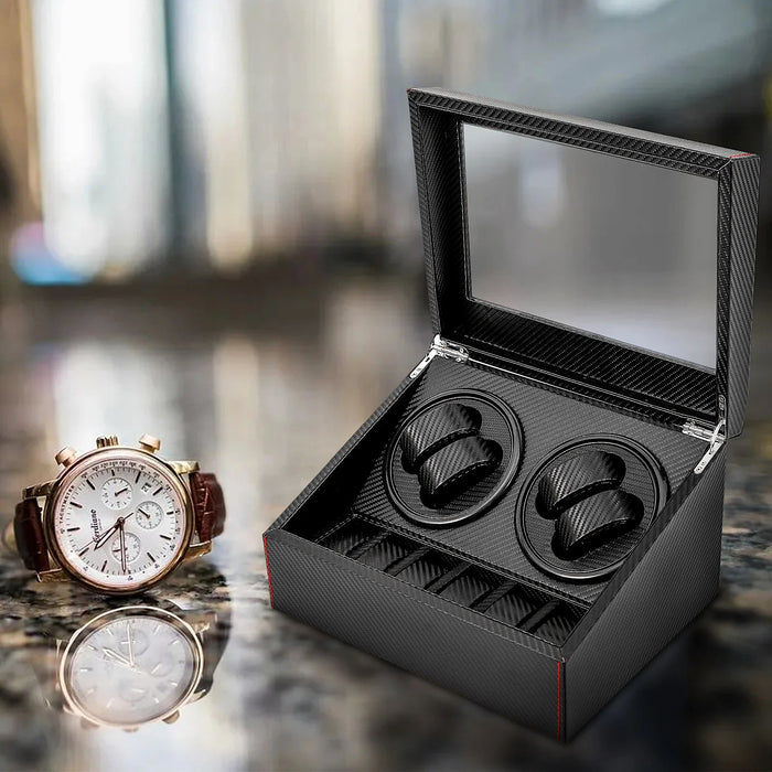 Remontoir 4 montres et 6 rangements, noir : sur un bureau, avec une montre