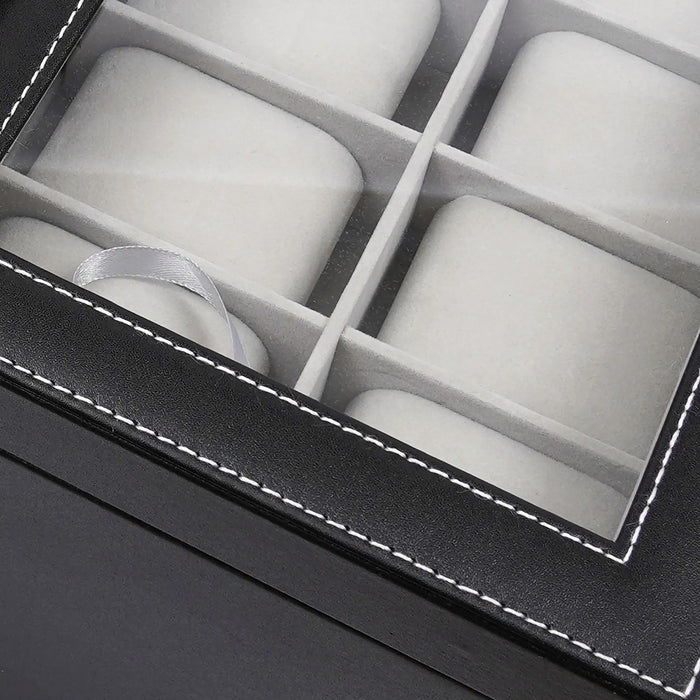 Boîte à montres 12 emplacements, tiroirs lunettes et bijoux : détail des surpiqûres et du cuir PU