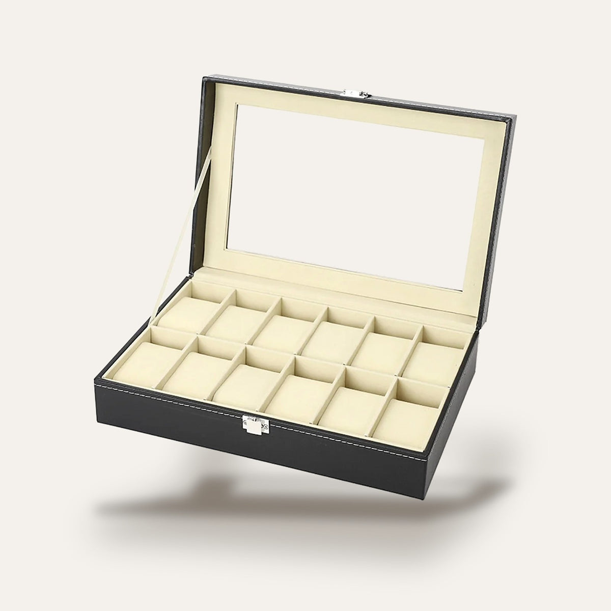 Coffret à montres 12 emplacements en cuir noir, avec serrure : ouvert, 12 emplacements