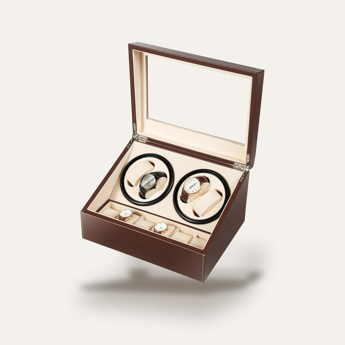 Remontoir 4 montres et 6 rangements, cuir marron : ouvert, vue de trois quarts
