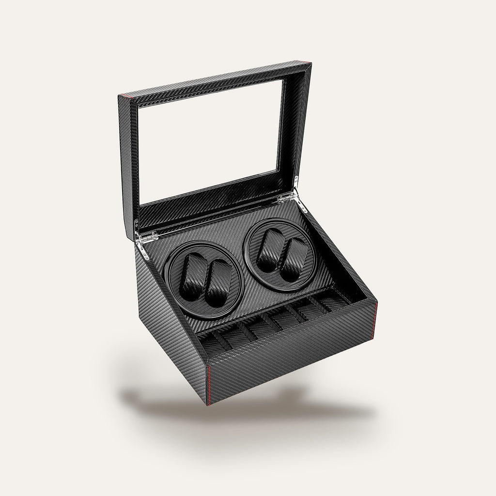 Remontoir 4 montres et 6 rangements, noir : ouvert, vue de trois quarts
