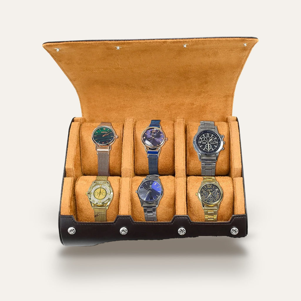 Rouleau de voyage pour 6 montres, cuir souple : ouvert, 6 montres sur deux rangées