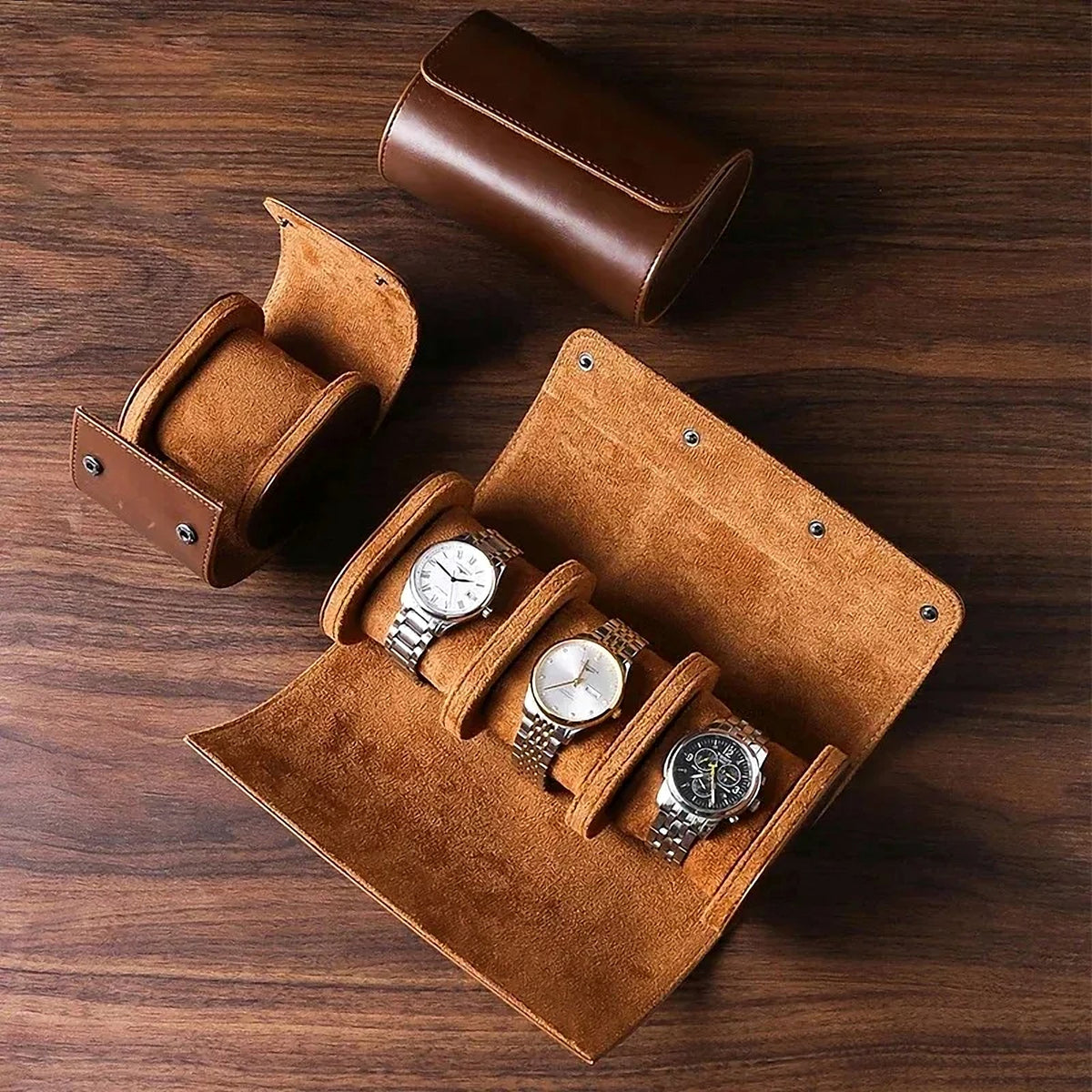 Étui de voyage pour 1, 2 ou 3 montres : les trois formats, marron