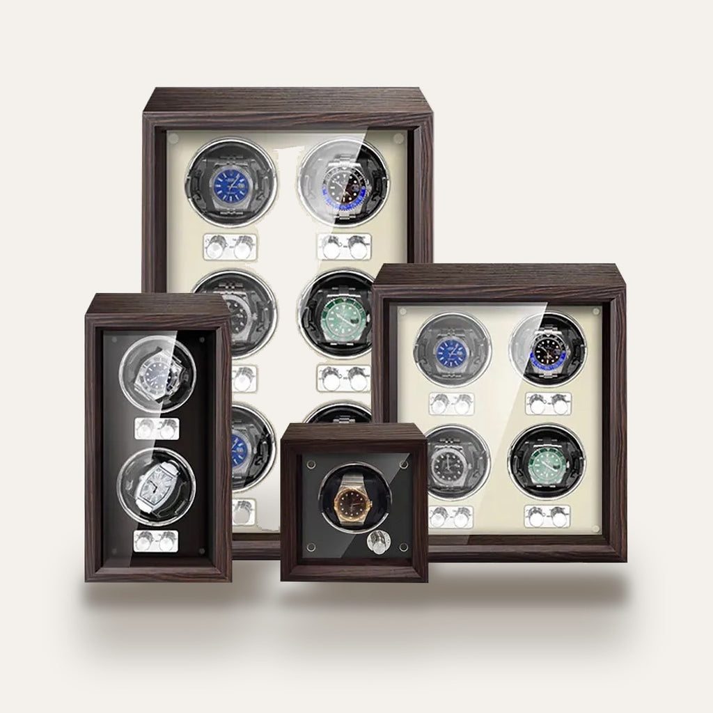 Remontoir en bois, 1 à 6 montres, façade vitrée : les formats 1, 2, 4 et 6 montres
