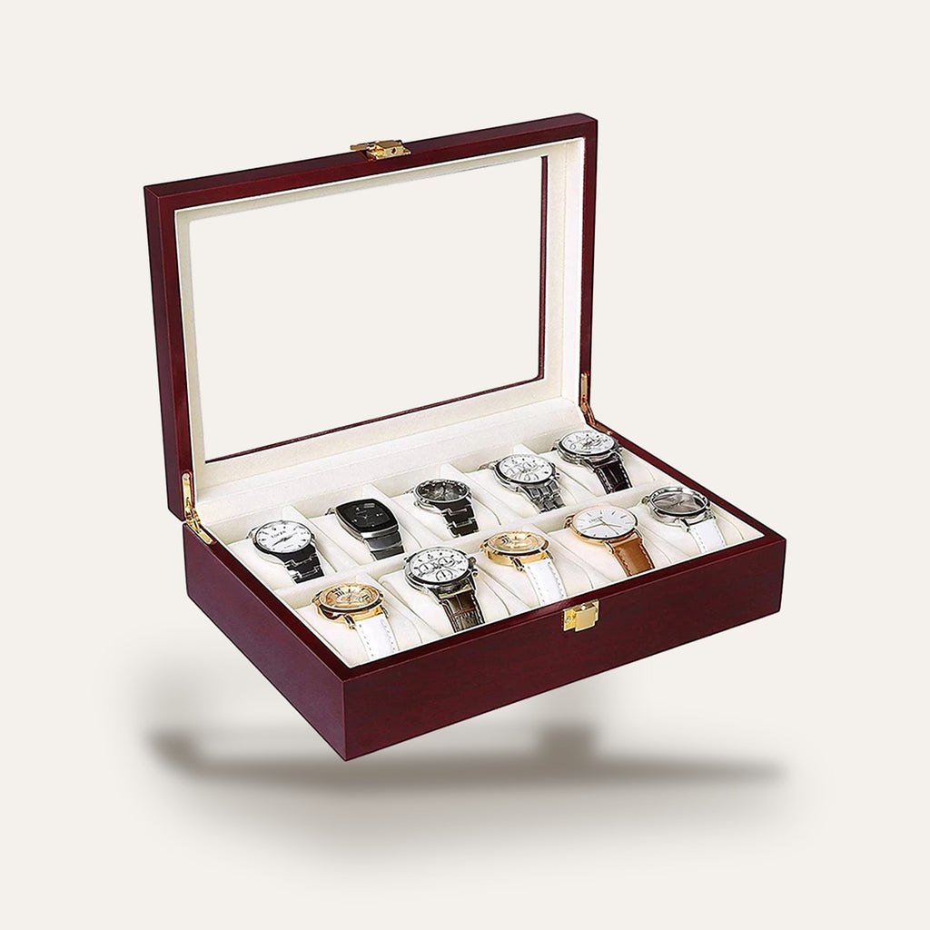 Boîte à montres en bois vernis, 6 à 12 emplacements : ouverte, avec 12 montres
