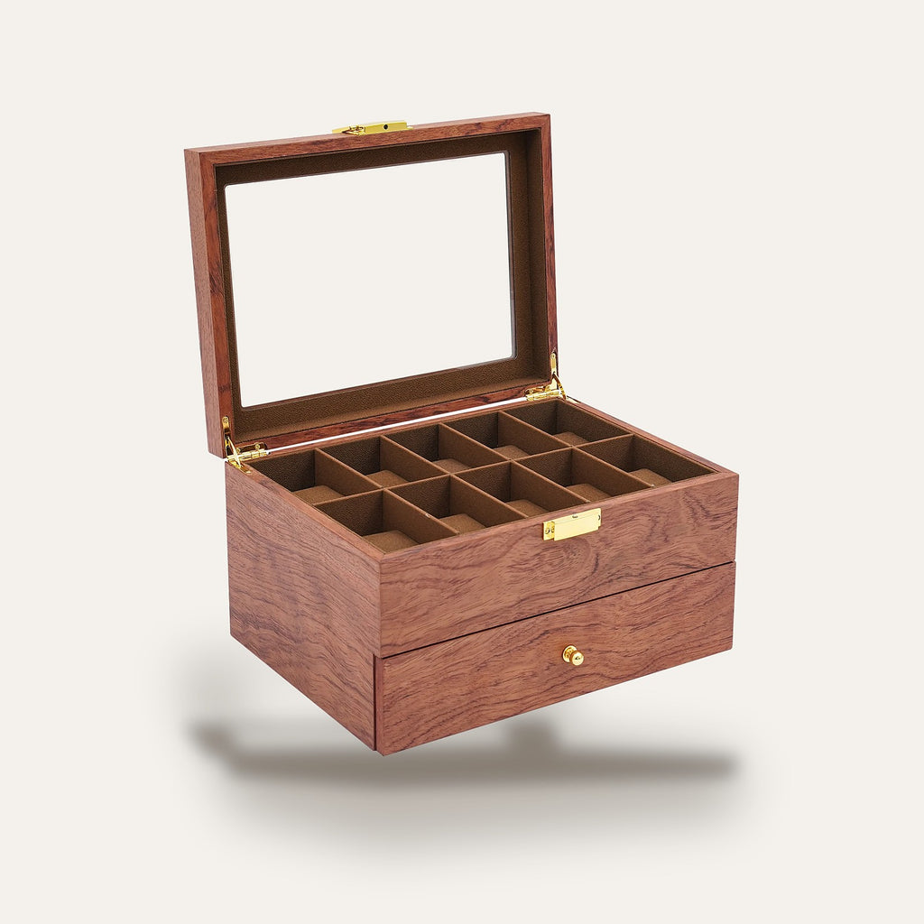 Boîte à montres 20 emplacements en bois de padouk : ouverte, 20 emplacements
