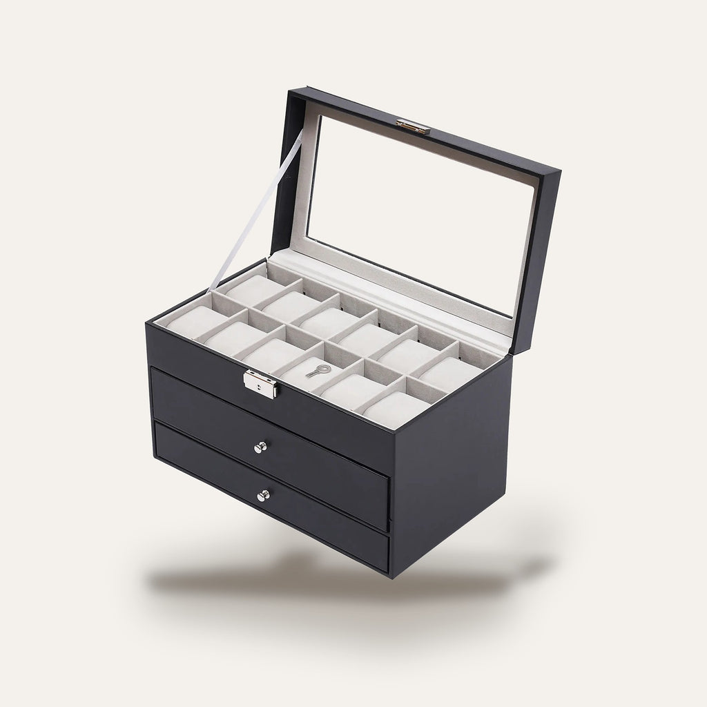 Boîte à montres 12 emplacements, tiroirs lunettes et bijoux : ouverte, vue de trois quarts