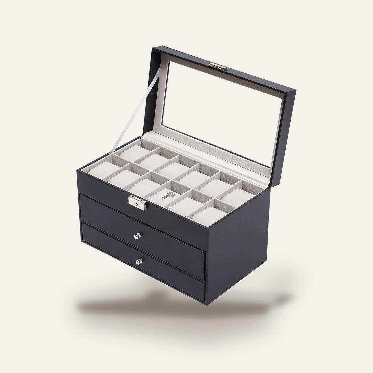 Boîte à montres 12 emplacements, tiroirs lunettes et bijoux : ouverte, vue de trois quarts