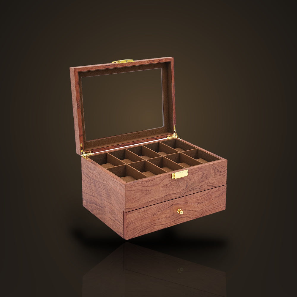 Boîte à montres 20 emplacements en bois de padouk : ambiance