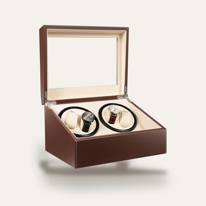 Remontoir 4 montres et 6 rangements, cuir marron : ouvert, avec 2 montres en rotation