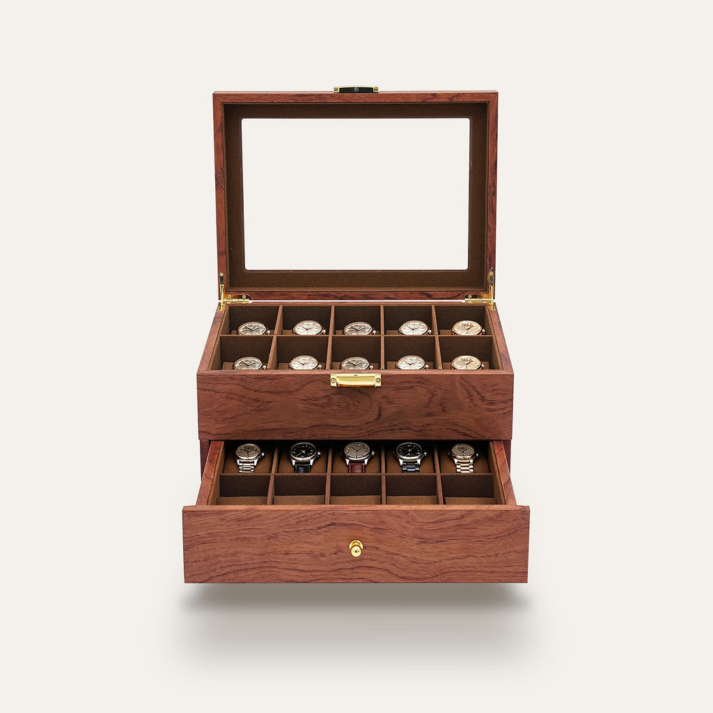 Boîte à montres 20 emplacements en bois de padouk : ouverte, avec montres, tiroir sorti