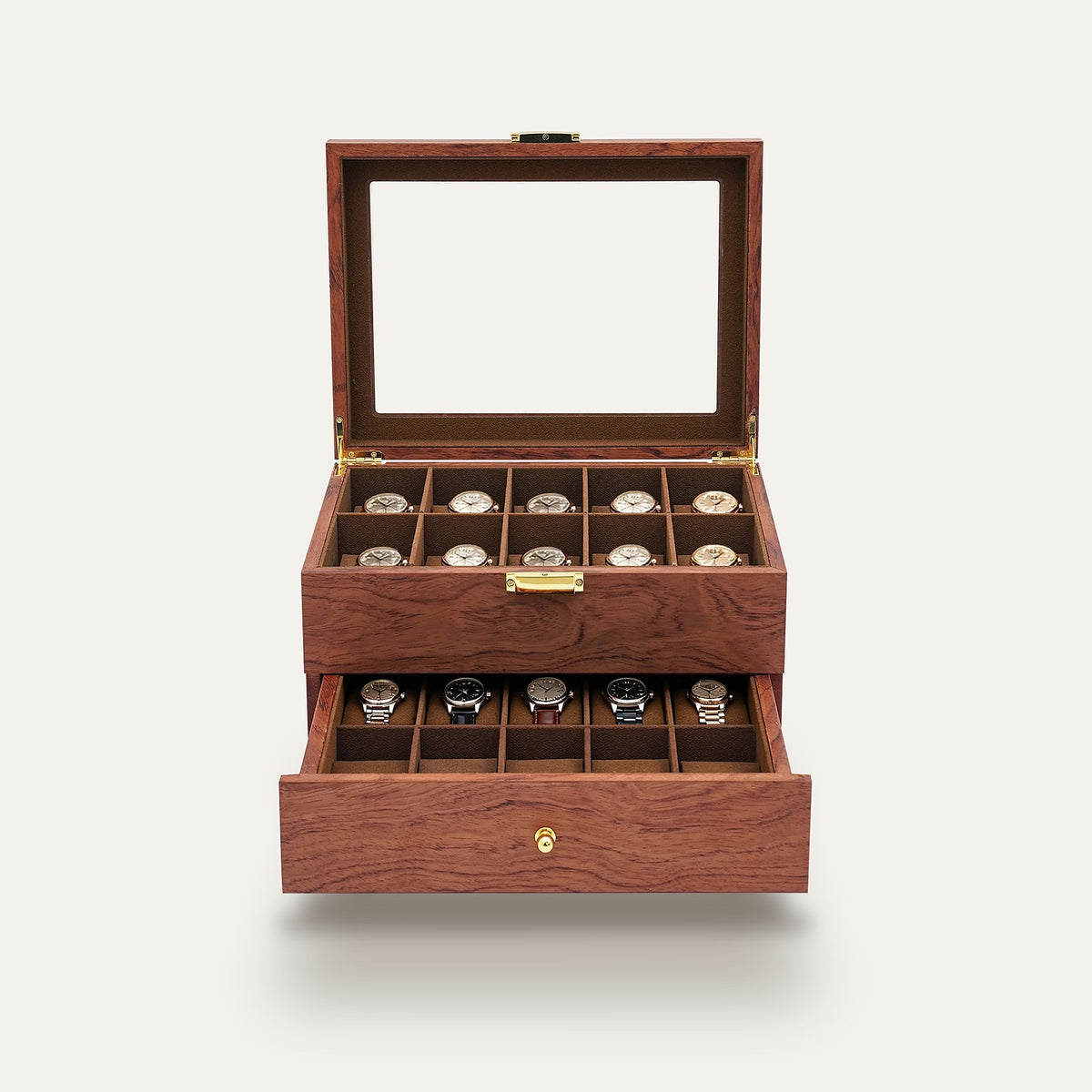 Boîte à montres 20 emplacements en bois de padouk : ouverte, avec montres, tiroir sorti