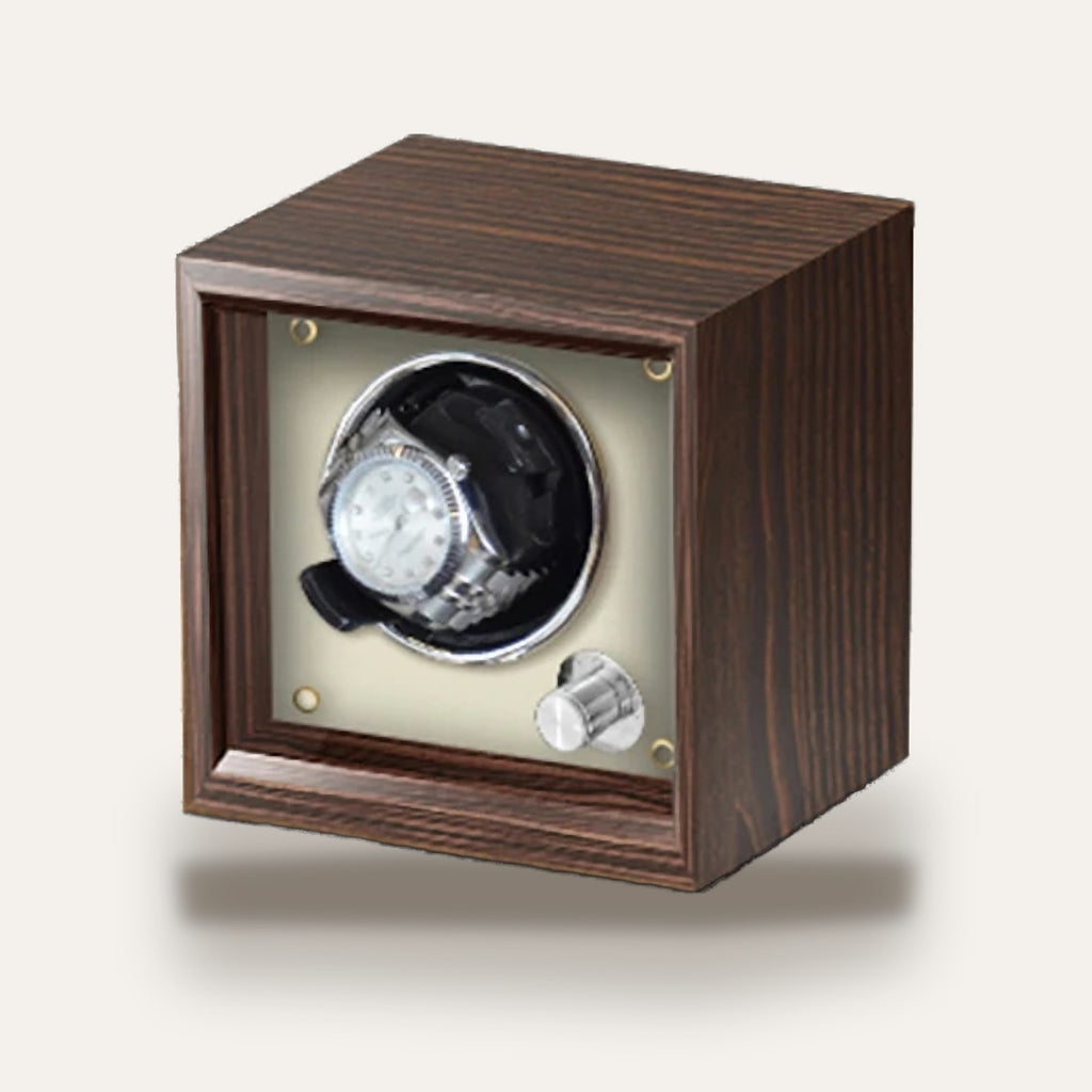Remontoir en bois, 1 à 6 montres, façade vitrée : 1 montre, intérieur beige