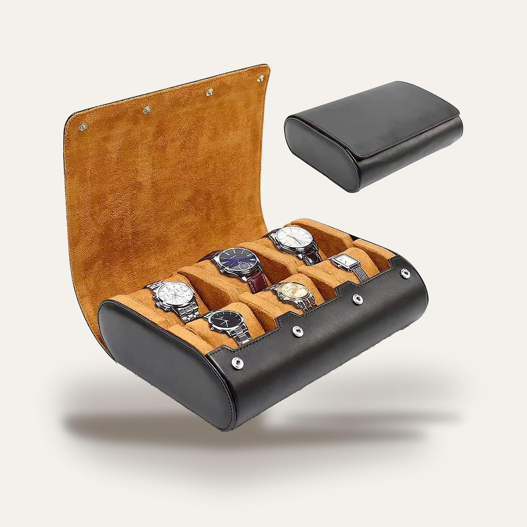 Rouleau de voyage pour 6 montres, cuir souple : ouvert et fermé
