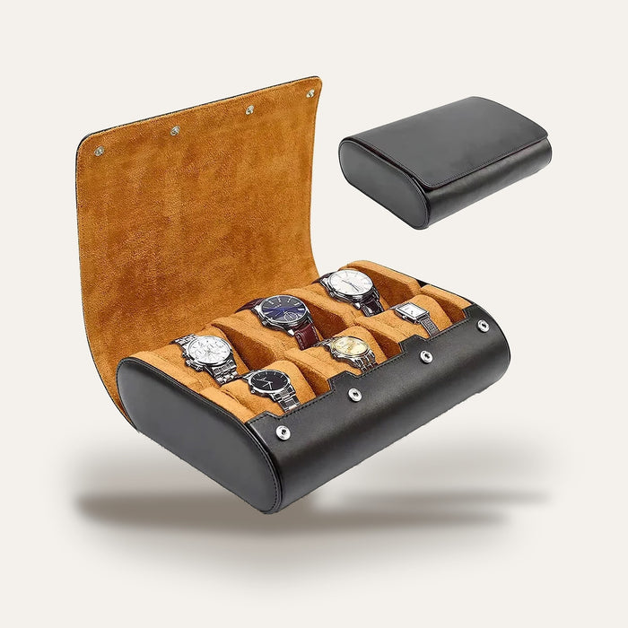 Rouleau de voyage pour 6 montres, cuir souple : ouvert et fermé