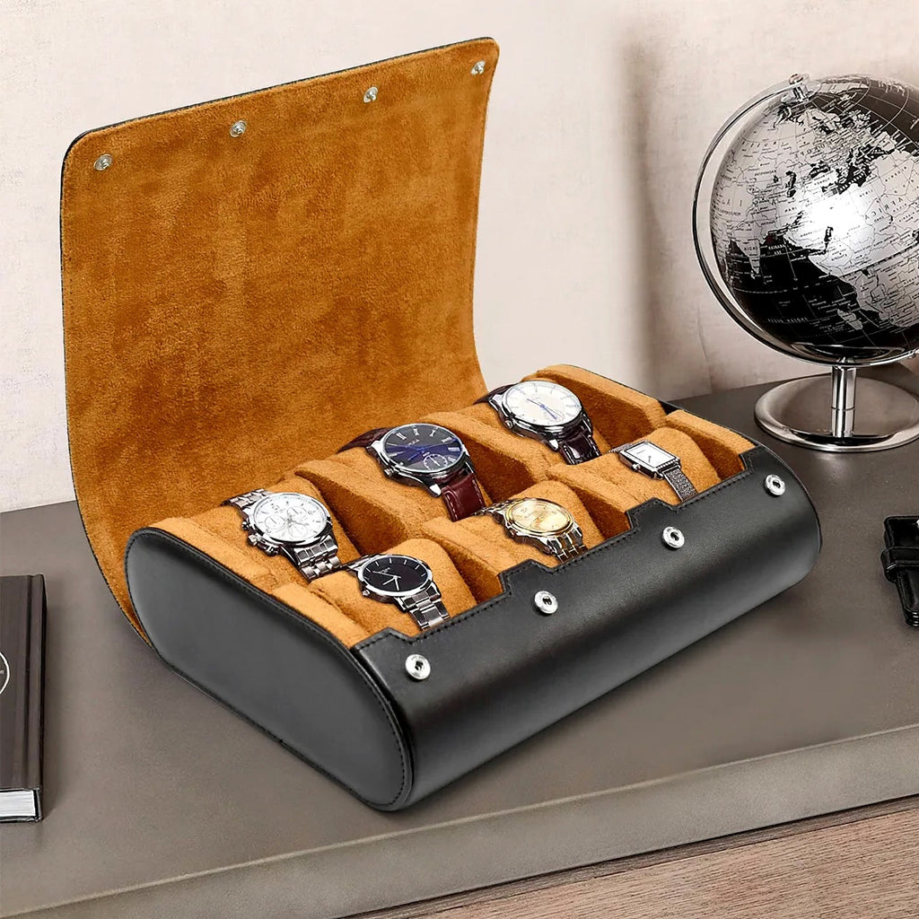 Rouleau de voyage pour 6 montres, cuir souple : sur un bureau