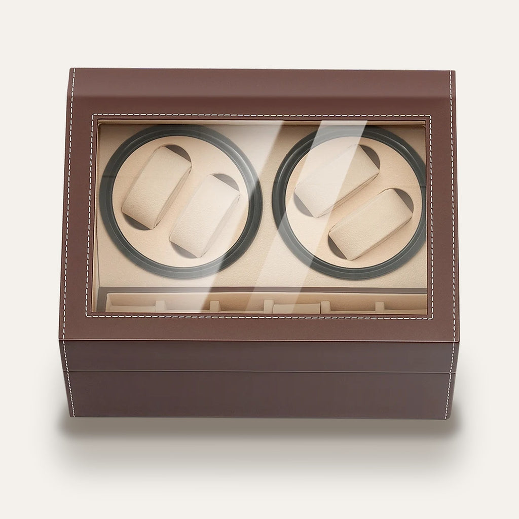 Remontoir 4 montres et 6 rangements, cuir marron : fermé