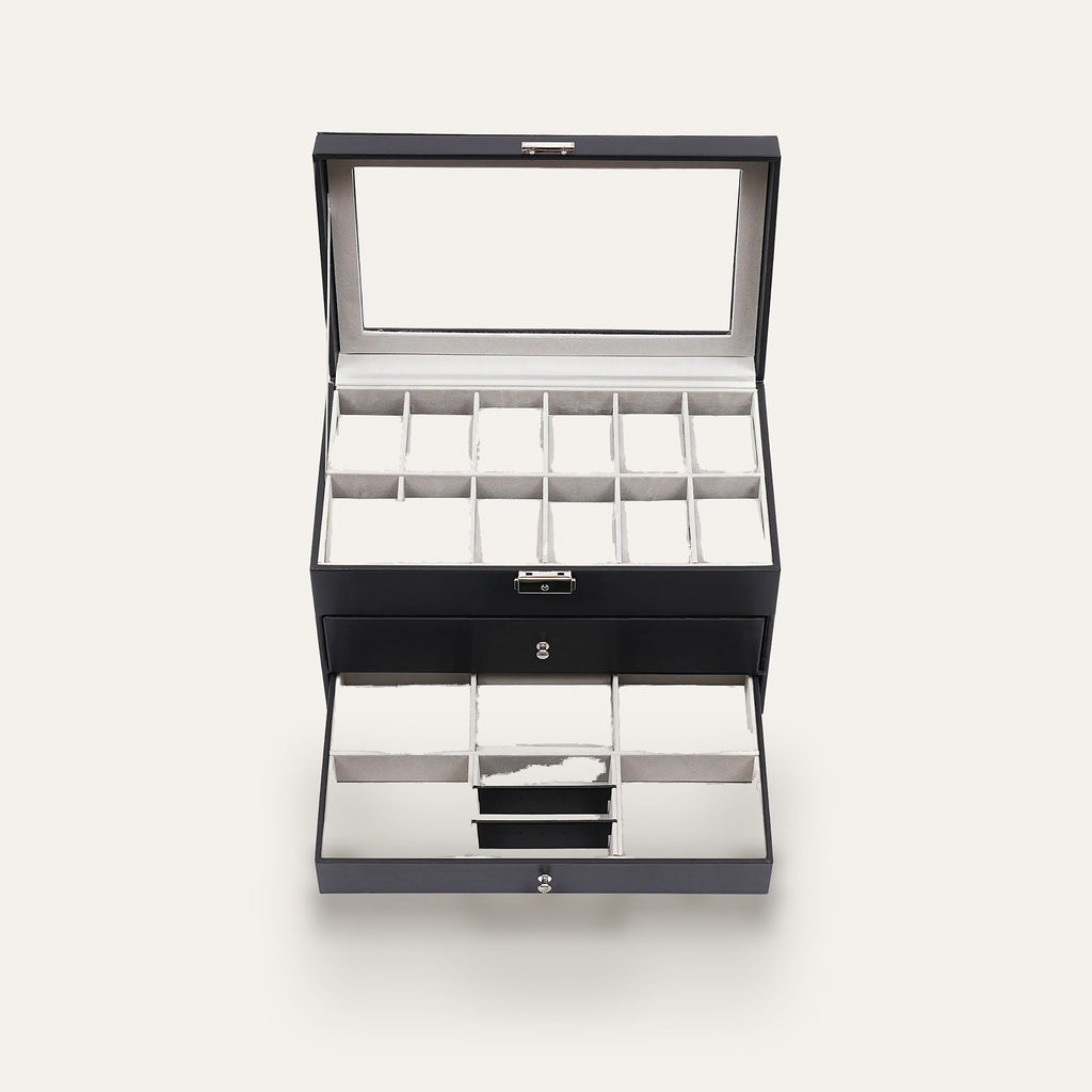 Boîte à montres 12 emplacements, tiroirs lunettes et bijoux : tiroirs lunettes et bijoux ouverts