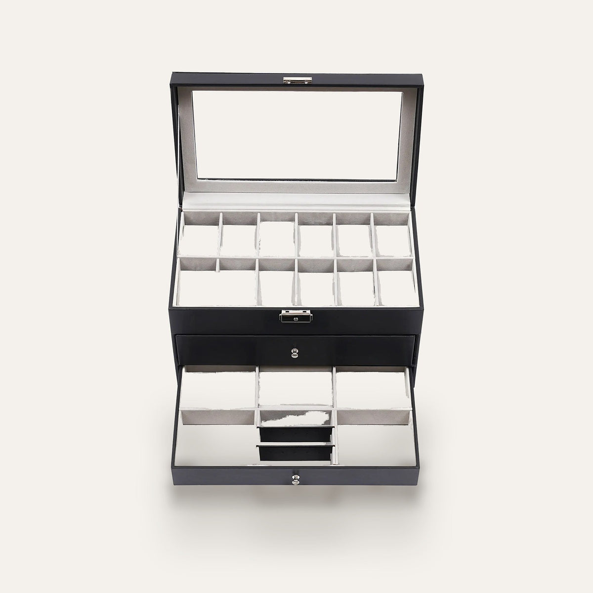 Boîte à montres 12 emplacements, tiroirs lunettes et bijoux : tiroirs lunettes et bijoux ouverts