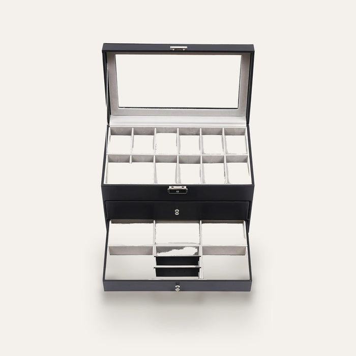 Boîte à montres 12 emplacements, tiroirs lunettes et bijoux : tiroirs lunettes et bijoux ouverts