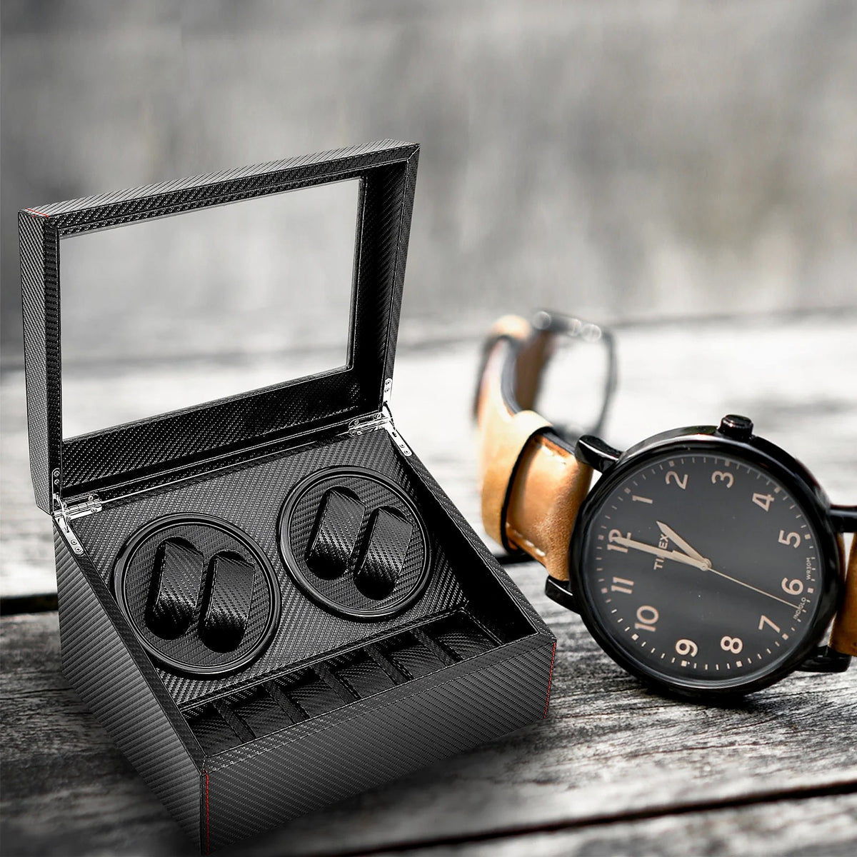 Remontoir 4 montres et 6 rangements, noir : ouvert, sur bois