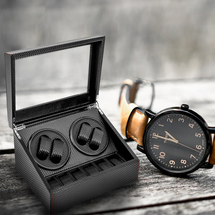 Remontoir 4 montres et 6 rangements, noir : ouvert, sur bois