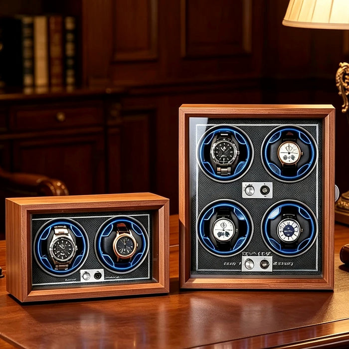Remontoir en bois éclairé, 2 ou 4 montres : les deux formats, sur un bureau