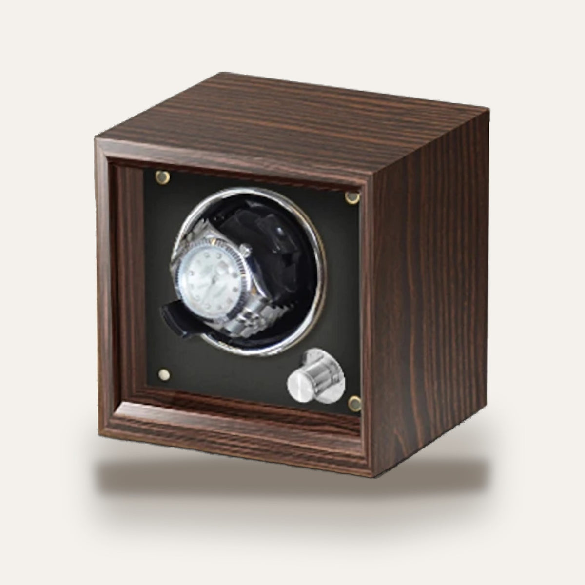 Remontoir en bois, 1 à 6 montres, façade vitrée : 1 montre, intérieur noir