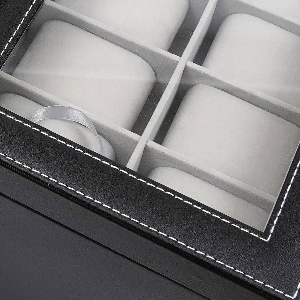 Boîte à montres 12 emplacements, tiroirs lunettes et bijoux : détail des surpiqûres et du cuir PU