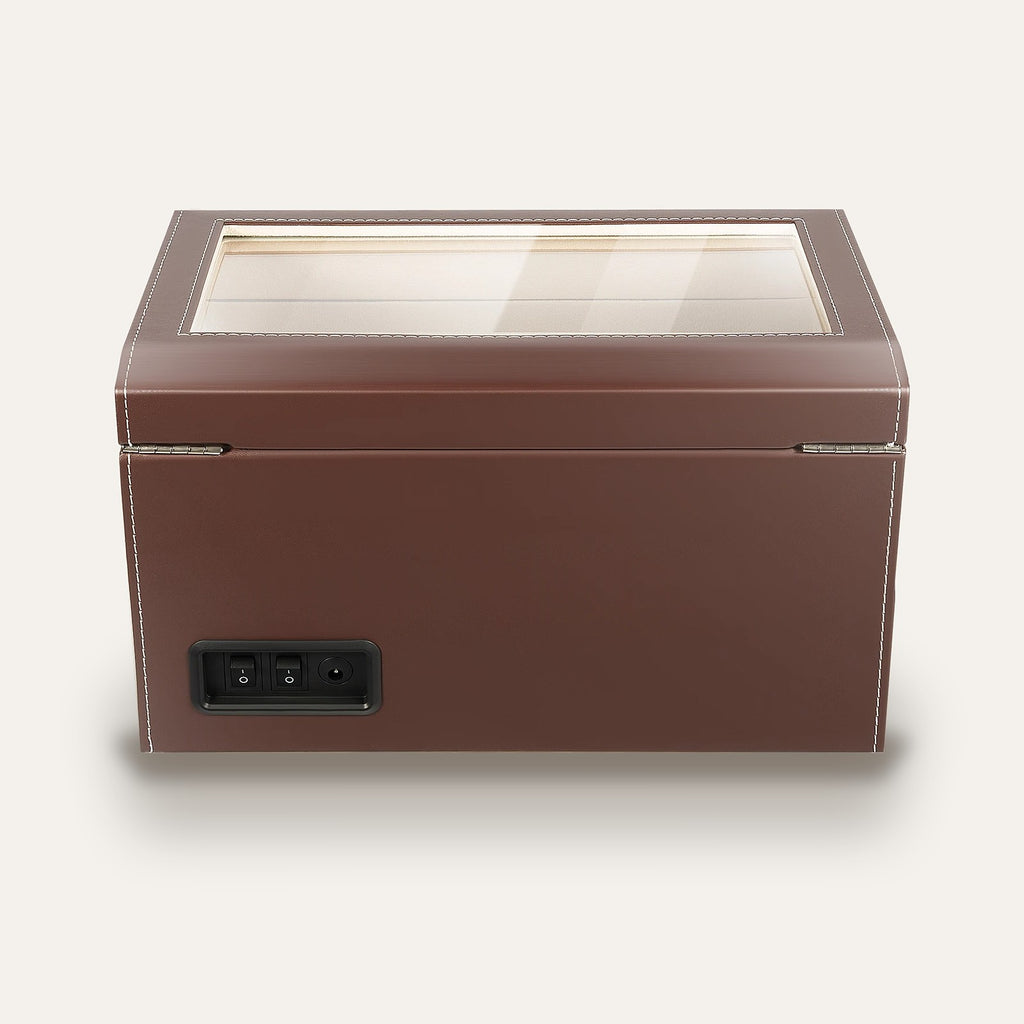 Remontoir 4 montres et 6 rangements, cuir marron : vue arrière, interrupteurs