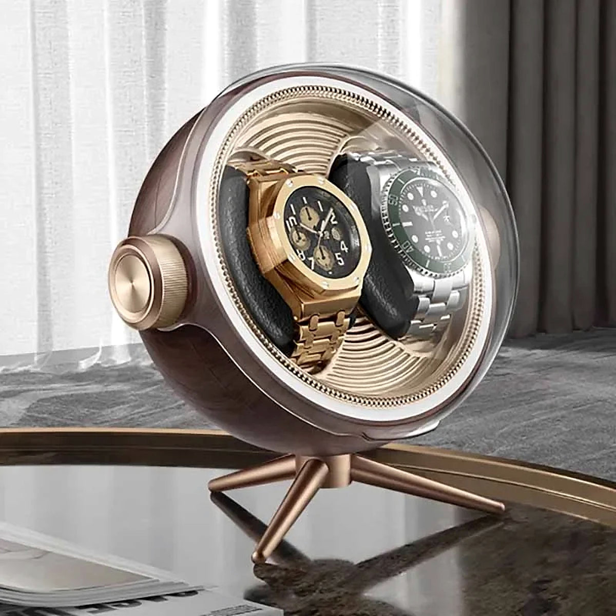 Remontoir design orbital, 1 ou 2 montres : 2 montres, grain de bois