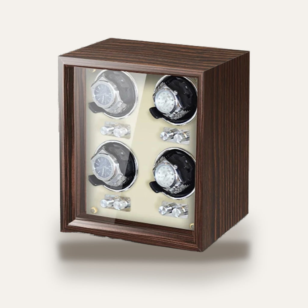 Remontoir en bois, 1 à 6 montres, façade vitrée : 4 montres, intérieur beige
