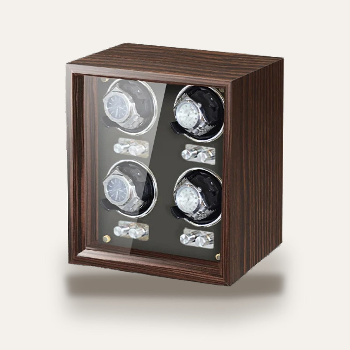 Remontoir en bois, 1 à 6 montres, façade vitrée : 4 montres, intérieur noir