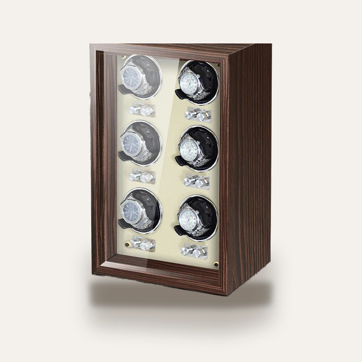 Remontoir en bois, 1 à 6 montres, façade vitrée : 6 montres, intérieur beige