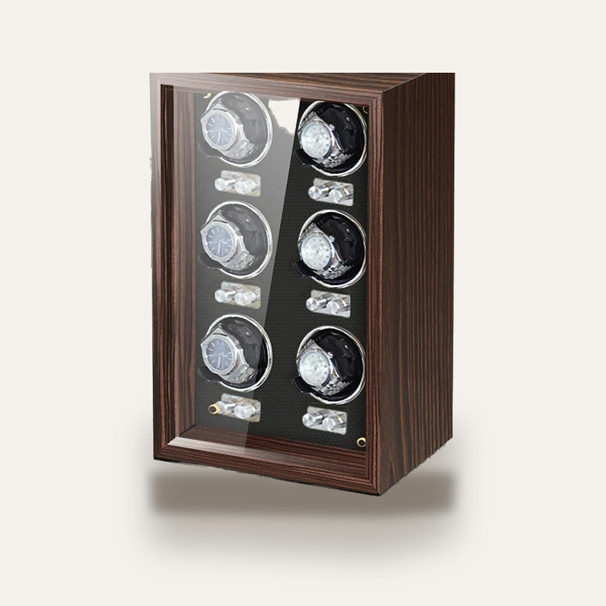 Remontoir en bois, 1 à 6 montres, façade vitrée : 6 montres, intérieur noir